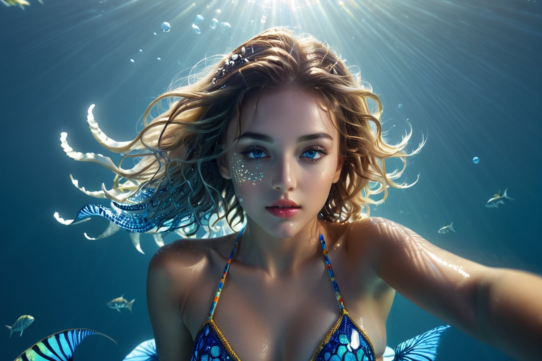 In the shimmering depths of the ocean abyss, an attractive young sea nymph glides effortlessly. Dressed in a form-fitting bikini that mirrors the colors of the sea, she moves with grace and allure. Her eyes, with a sly glint, suggest mysteries untold. The underwater world around her is alive with corals, sea creatures, and dappled sunlight filtering through the water's surface. Capture a full-body view from head to toe of this mesmerizing sea nymph as she rides on the back of a great white shark, emphasizing the fluidity of her movements and the intricate details of her surroundings, barefoot, hands detailed, full body, perfect body, seductively pose, extremely charming, alluring scene, mysterious ancient fantasy world, cinematic photography, captured with professional DSLR camera, octane render, studio photo, 32k, ultra detailed, ultra sharp focus, golden ratio, 50 multicoloured different aquarium fish swimming around her face, small bubbles, flotsam, jetsum, plankton, seahorses, seaswirl, ultra wide shot,a girl formed of colored glaze,IncrsXLRanni,perfecteyes