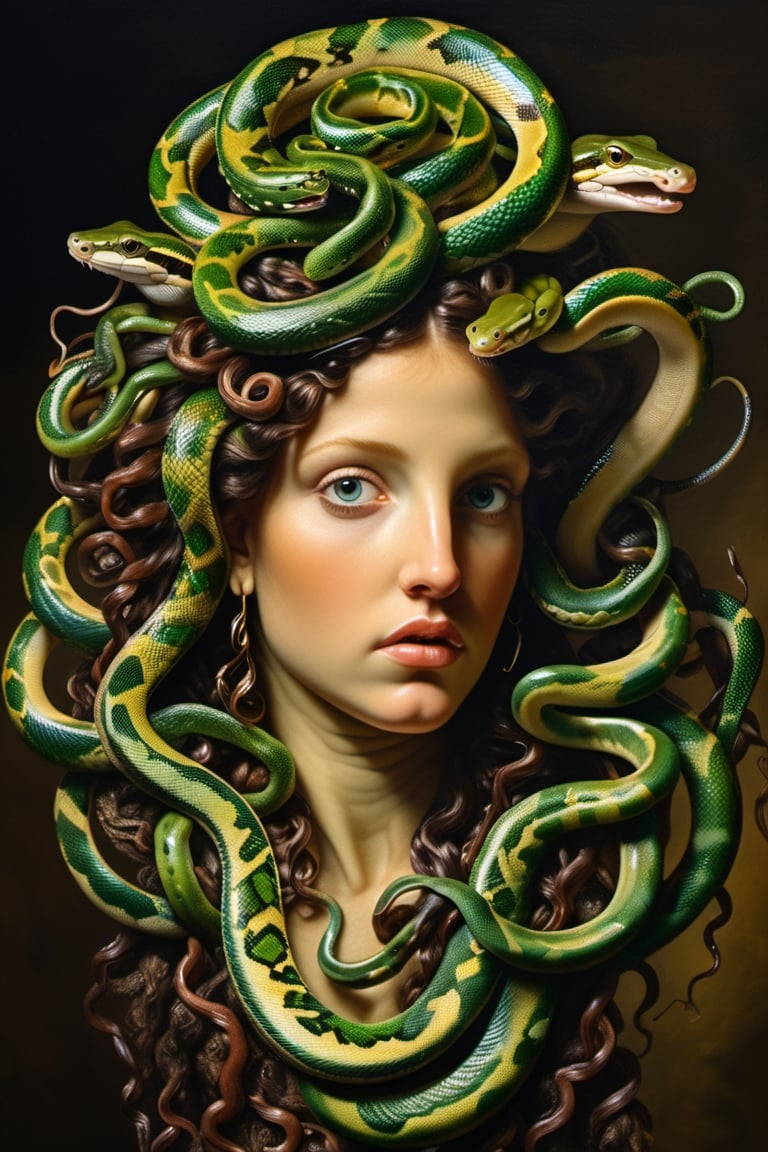 very close up, masterpiece, a scene of medusa staring at the viewer(((head hair made entirely of snakes))) ((medusas hair is entirely made of snakes))Amazon Tree Boa,