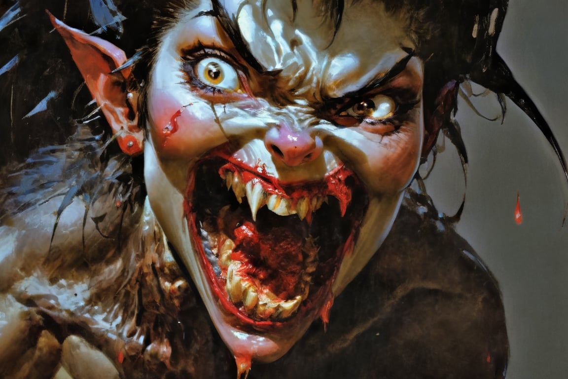 art by Masamune Shirow, art by J.C. Leyendecker, a masterpiece, stunning beauty, hyper-realistic oil painting, vibrant colors, a vampire , dark chiarascuro lighting, dripping blood and sweat, messed up, battling humans, a telephoto shot, 1000mm lens, f2,8, ,horror,Vogue,Asian folklore ,apollo_style
