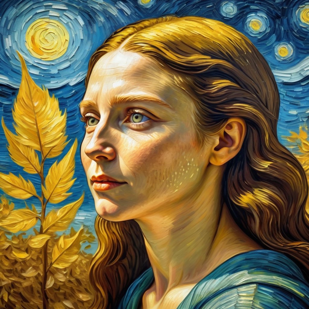 By Van Gogh, Sun, wind, sunny day, oil paint painting, highly detailed, sharpness, dynamic lighting, super detailing, van gogh starry nights background, painterley effect,Oil painting of Mona Lisa ,Leaf