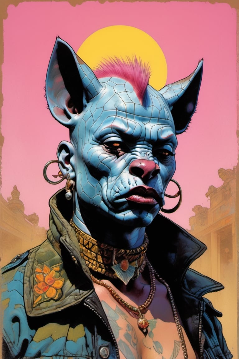 a hyena, Horror Comics style, art by brom, tattoo by ed hardy, shaved pink hair, neck tattoos by andy warhol , heavily muscled, biceps,glam gore, horror, angelic, god visions, Russian military poster style, asian art, chequer board, savanna views, setting sun, 