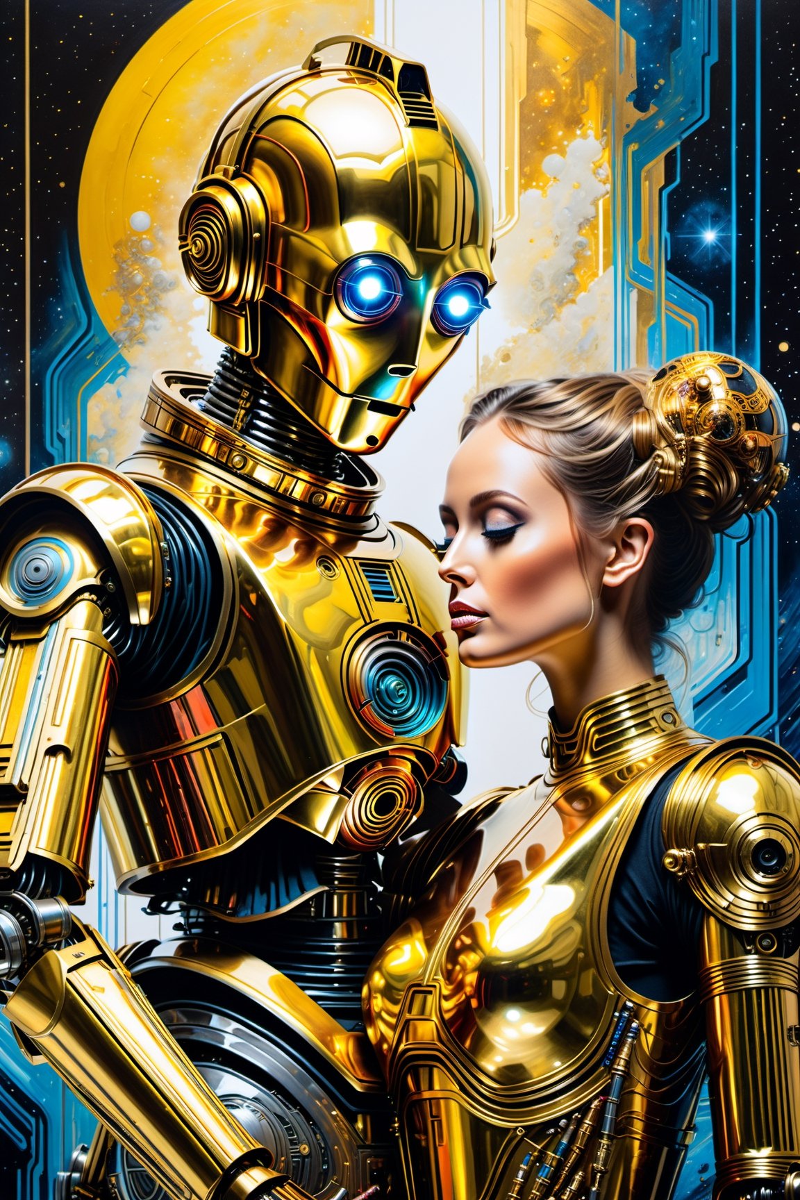 Ultra-Wide angle shot, photorealistic thrilling portrait of the robot c3po and his robot girlfriend c4po,Black ink flow: 8k resolution photorealistic masterpiece: by Aaron Horkey and Jeremy Mann: intricately detailed fluid gouache painting: by Jean Baptiste Mongue: calligraphy: acrylic: colorful watercolor art, cinematic lighting, maximalist photoillustration: by marton bobzert: 8k resolution concept art intricately detailed, complex, elegant, expansive, fantastical, psychedelic realism, tatooine, light sabres, ,mecha,p3rfect boobs,breastclamp