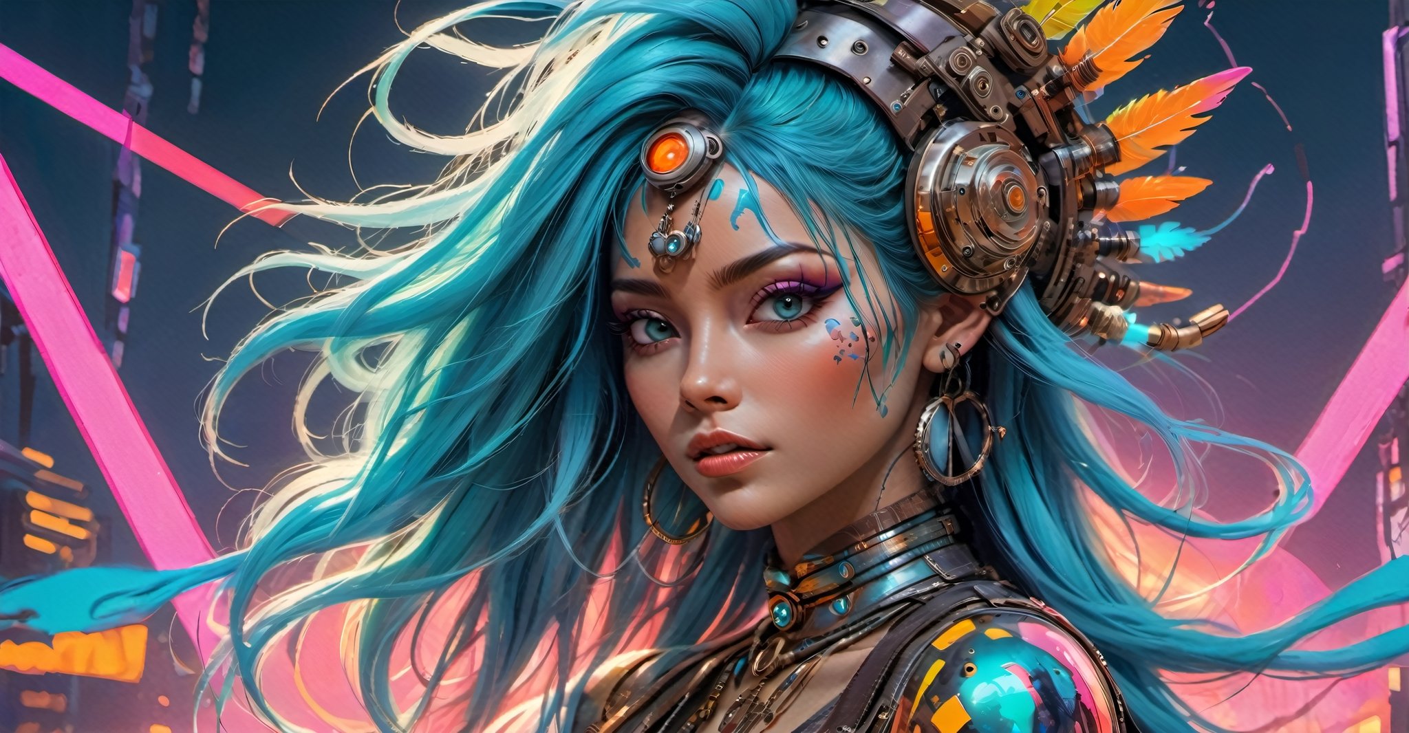 a masterpiece, stunning beauty, perfect face, epic love, Slave to the machine, full-body, hyper-realistic oil painting, vibrant colors, Body horror, wires, , native american war bonnet, a rusty and silver spotted steampunk spacesuit, women looking directly out to viewer, wry smile on her face, neon face with multiple coloured circuits on it, shw is wearing a full face visor, the glass a translucent aquamarine colour, in the style of futuristic space, glamour, Steam punk, xenomorph lookalike adornments, gun in hand, algorithmic artistry, frank frazetta style, perfect makeup, boris vallejo, pop art consumer culture, plain neon steampunk background, full figure pose, dripping paint, Leonardo Style, blacklight makeup, oni style,monster,HellAI,IncrsXLRanni,Xxmix_Catecat,DonMD3m0nXL ,Stylish,underboob,hustler,more detail XL,portrait_futurism