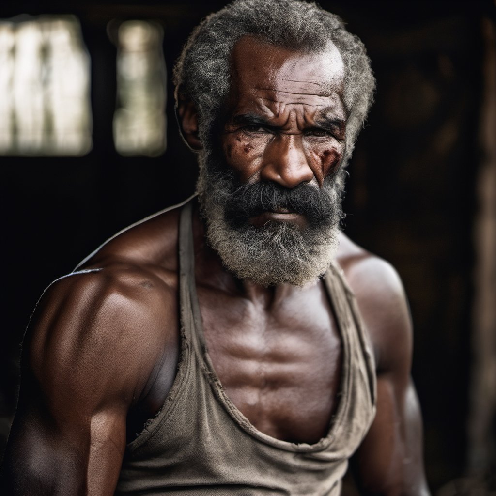 a defeated bare knuckle boxer male, old b;ack african man, head uncovered,  battle scarred, solo, looking at viewer, 1 man, monochrome, upper body, greyscale, male focus, 2 ft facial hair,2 ft beard, 12 inch mustache, old, old man, no clothing, long bushy unkempt hair, long bushy beard, wild and windswept, forlorn, a worn out worried look in his eyes and face, all focus on the eyes, short 2 inch depth of field, tamron 1000 mm telephoto lens, f2.8, cinematic angle, looking from above the eyeline down back at the man, angled, extreme close up shot,  eyes only, teeth bashed out, swollen eye, broken nose, cut eyebrows, no teeth, a towel, a singlet, bloodstained, mouth open and smiling , few teeth, 