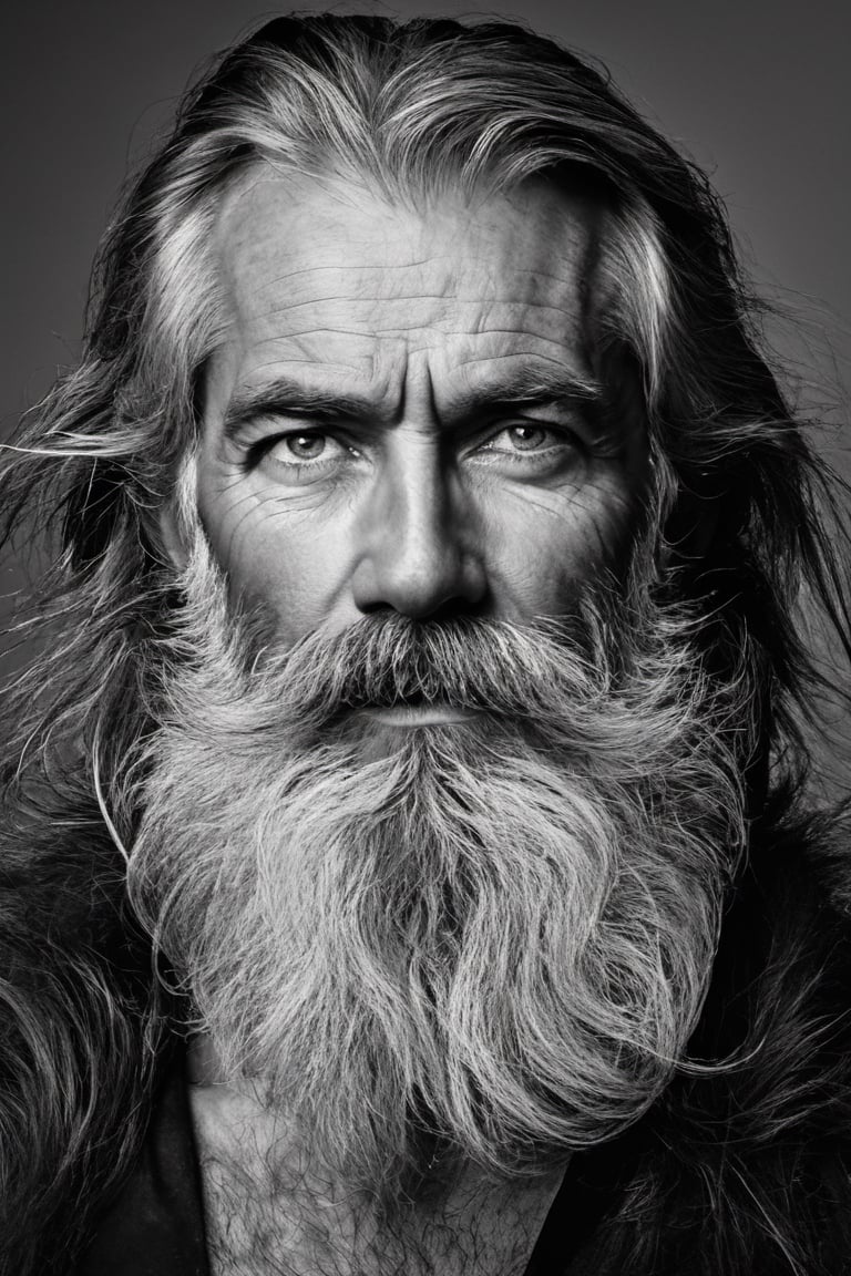 solo, looking at viewer, 1 man, monochrome, upper body, greyscale, male focus, facial hair, beard, mustache, old, old man, no clothing, long bushy unkempt hair, long bushy beard, wild and windswept, forlorn, lost, 