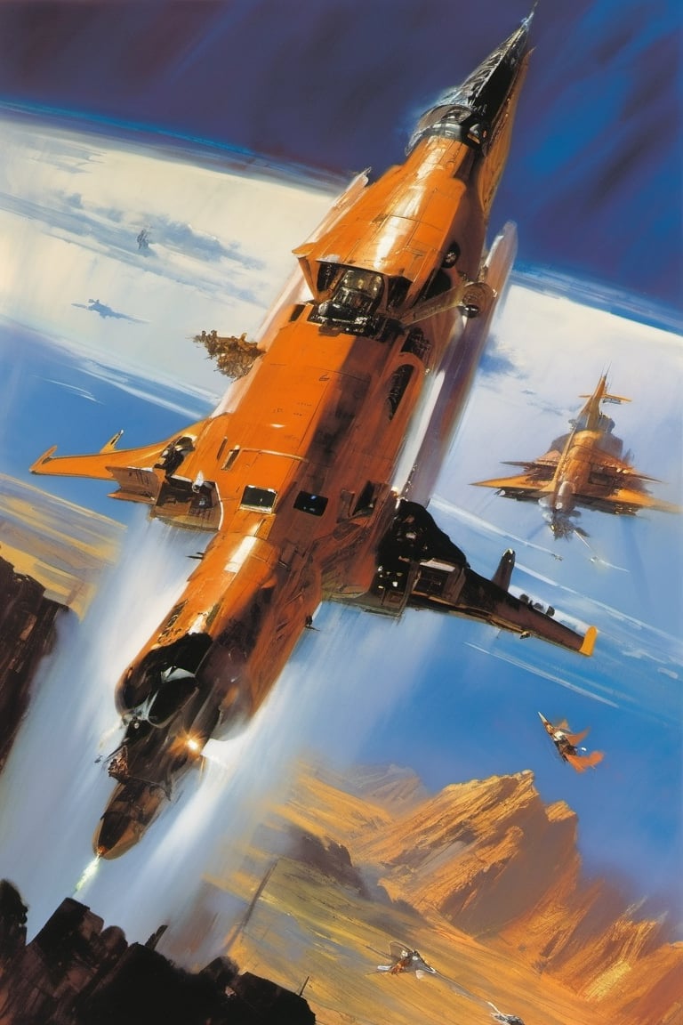 Orange, vibrant, gleaming trade starship travelling past a planet, in space, art by john Berkey, art by chris foss, art by frank frazetta,