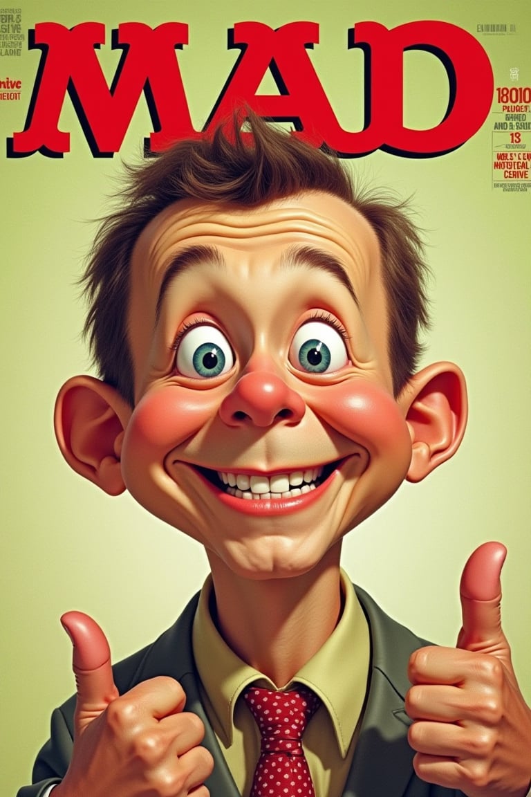 Mad magazine cover featuring alfred e neuman, typical pose with gap in teeth, doing some weird thing that is funny and stupid