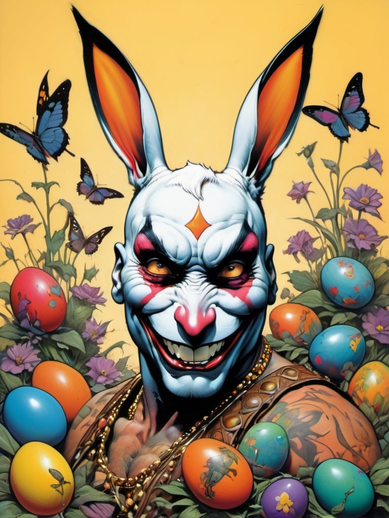 white rabbit with many baby rabbits, chocolate covered rabbits, Easter theme, art by brom, tattoo by ed hardy, shaved hair, neck tattoos andy warhol, heavily muscled, biceps,glam gore, horror, white rabbit, rabbit hole,  demonic, hell visions, demonic women, military poster style, chequer board, vogue easter bunny portrait, Horror Comics style, art by brom, smiling, tongue out, poking tongue at viewer, lennon sunglasses, rabbit ears, rabbit nose, rabbit fur, punk hairdo, tattoo by ed hardy, shaved hair, playboy bunny outfit, bunny tail, neck tattoos by andy warhol, heavily muscled, biceps, glam gore, horror, poster style, flower garden, Easter eggs, coloured foil, oversized monarch butterflies, tropical fish, flower garden,