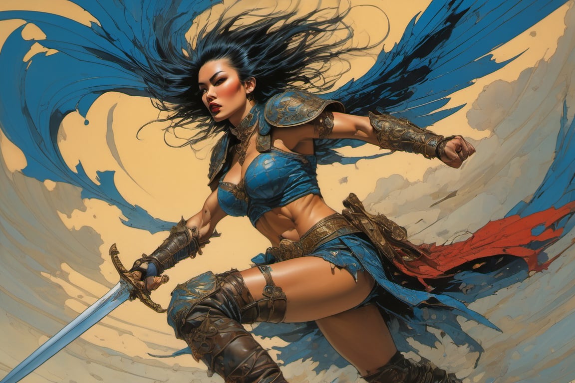 heaven poster, a warrior women, hair is wind blown, huge wings on her back, dramatic blue sky and angry lightening clouds behind her, long battle sword in her right hand, blood dripping from the sword, manga style, an oil painting, a masterpiece, art by TavitaNiko, art by Vallejo, art by Klimt , art by brom, tattoo by ed hardy, shaved hair, neck tattoos andy warhol, heavily muscled, biceps,glam gore, horror, demonic, hell visions, demonic women, military poster style, asian art, chequer board,