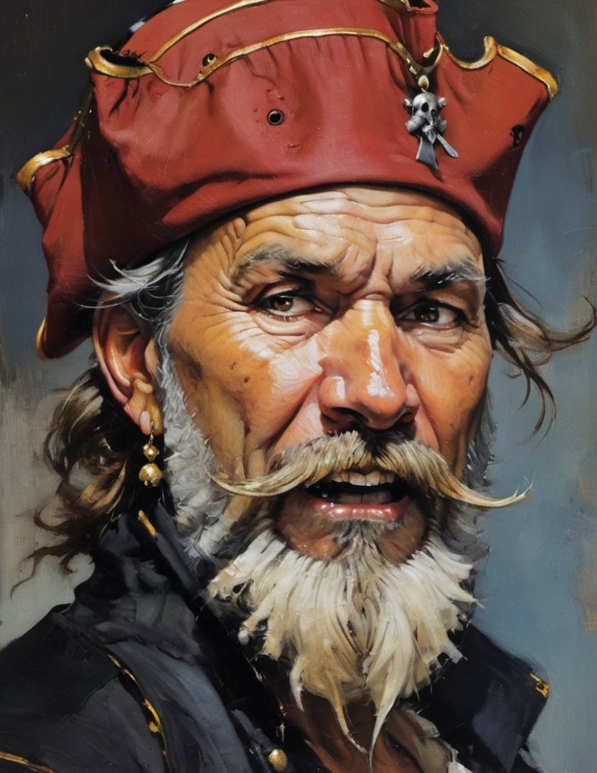 an oil painting portrair, close up of the face, all focus on the eyes, a masterpiece, art by michael carson, a pirate, silverbeard, with two rotten teeth, unkempt beard and moustache, crinkled laughing eyes, wild eyebrow hair, wind swept hair on head, wearing a captains tricorne hat, gold hoop earings, 