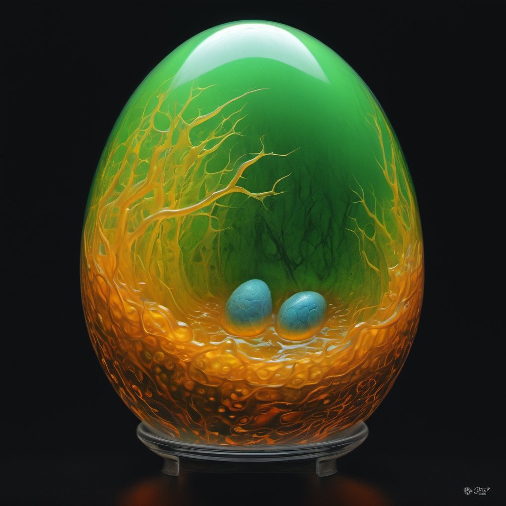  a creatures embryo stirs inside a translucent egg, stunning beauty, hyper-realistic oil painting, vibrant colors, dark chiarascuro lighting, a telephoto shot, 1000mm lens, f2,8,Vogue,more detail XL,Acidmelt,acidzlime