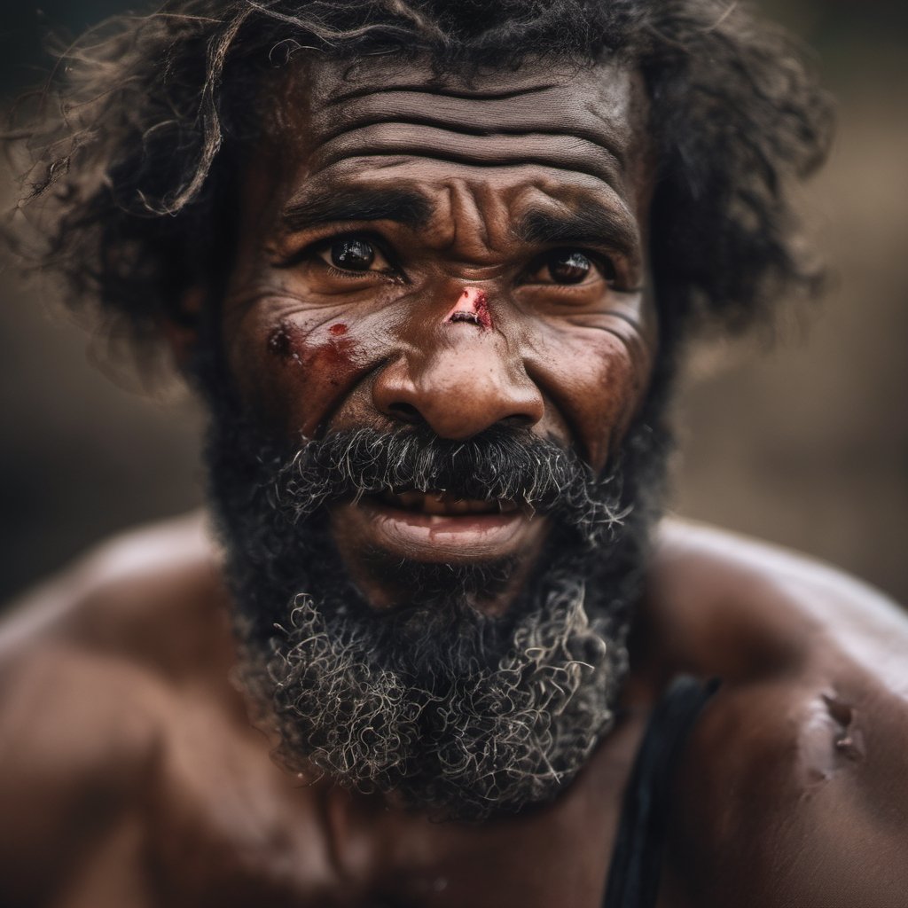 a defeated bare knuckle boxer male, old b;ack african man, head uncovered,  battle scarred, solo, looking at viewer, 1 man, monochrome, upper body, greyscale, male focus, 2 ft facial hair,2 ft beard, 12 inch mustache, old, old man, no clothing, long bushy unkempt hair, long bushy beard, wild and windswept, forlorn, a worn out worried look in his eyes and face, all focus on the eyes, short 2 inch depth of field, tamron 1000 mm telephoto lens, f2.8, cinematic angle, looking from above the eyeline down back at the man, angled, extreme close up shot,  eyes only, teeth bashed out, swollen eye, broken nose, cut eyebrows, no teeth, a towel, a singlet, bloodstained, mouth open and smiling , few teeth, 