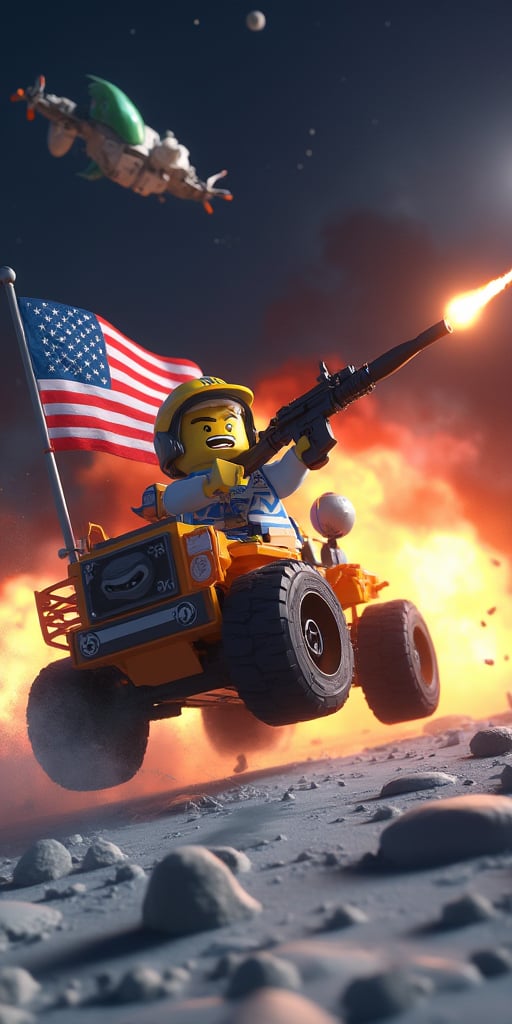 An 3d lego block cartoon scene featuring buzz aldrin riding the lunar rover at full throttle jumping over moon craters, and firing a gun in the airr. The American flag waves proudly behind him as an alien spacecraft soars through the sky. In the background, massive explosions light up the scene.