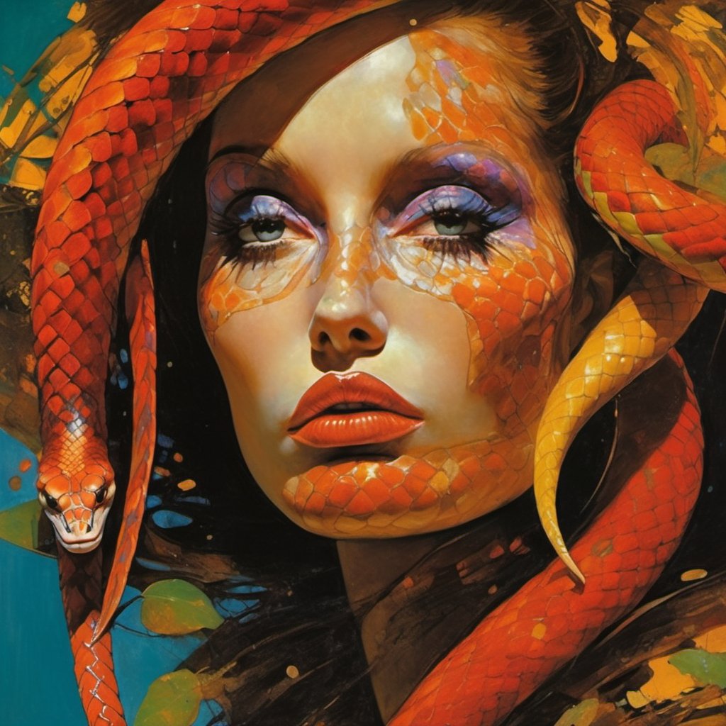  art by simon bisley, art by Brom, art by ralph steadman, art by gustav klimt, a slithering poisonous snake in a tropical jungle, resplendant in colour and intricate detail,  a masterpiece, realistic,  The artwork is a masterpiece, boasting incredible detail and a sense of depth that pulls the viewer in.