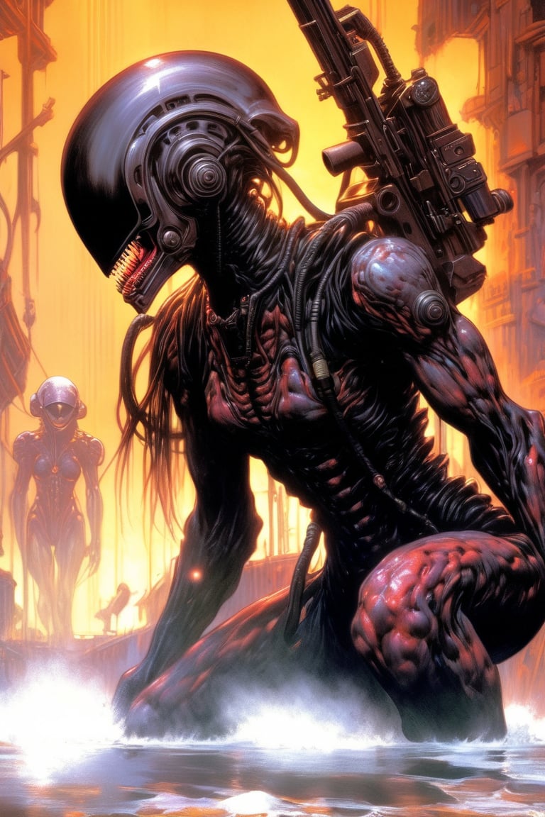 art by Masamune Shirow, art by J.C. Leyendecker, a masterpiece, stunning beauty, hyper-realistic oil painting, vibrant colors, a xenomorph, dark chiarascuro lighting, dripping blood and sweat, messed up, battling human troopers, a telephoto shot, 1000mm lens, f2,8, ,digital artwork by Beksinski, nipples, GIRL space helmet WITH see through visor, HOLDING A MACHINE GUN WITH BOTH HANDS, ,Gopn1k,acidzlime,beyond_the_black_rainbow,action shot, cinematic moviemaker style,Nikon Shoot