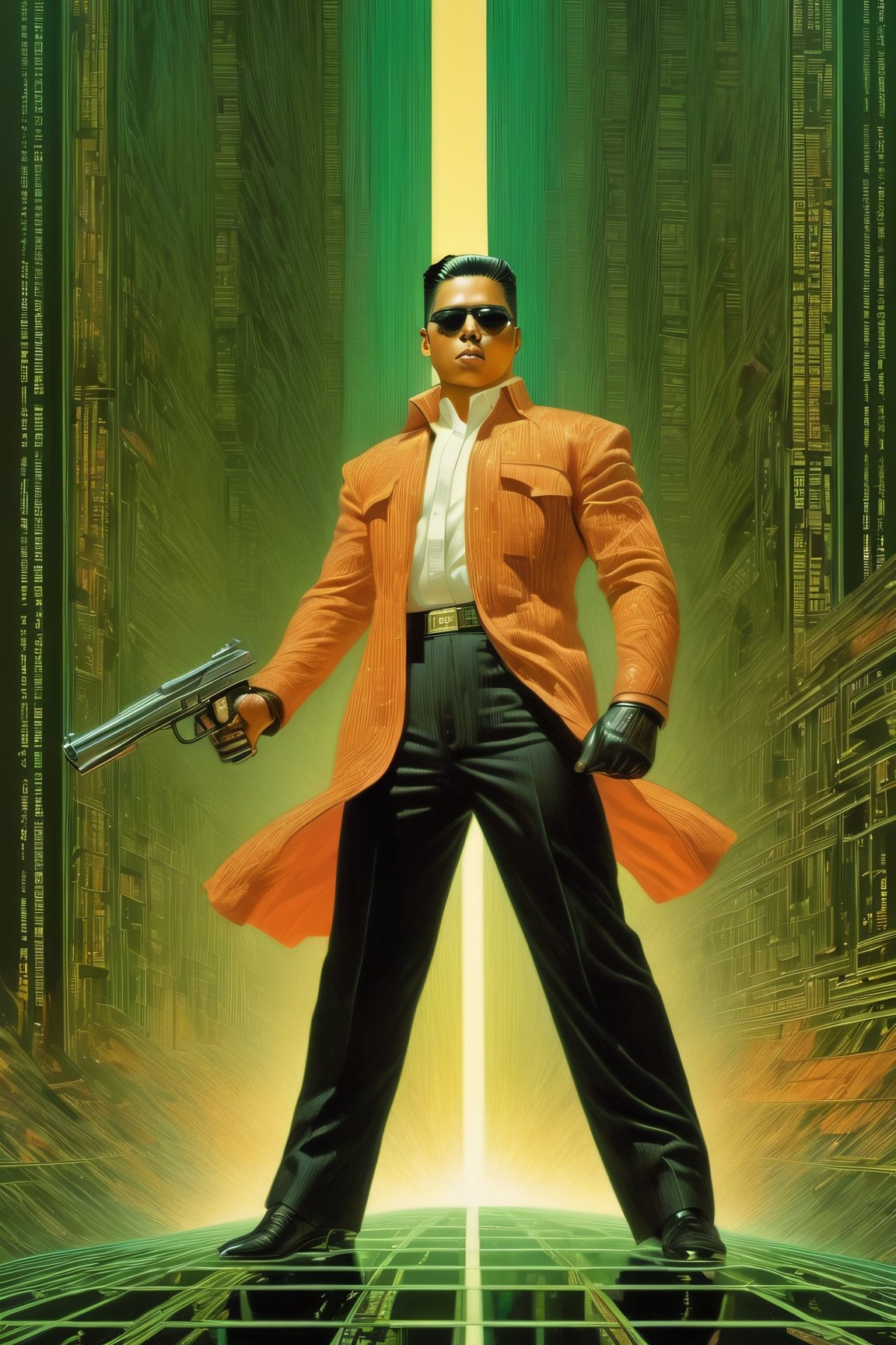 art by Masamune Shirow, art by J.C. Leyendecker, art by boris vallejo, a masterpiece, stunning beauty, hyper-realistic oil painting, vibrant colors, a Kim Jong Un type character, wearing round sunglasses, dark chiarascuro lighting, aiming a Luger pistol at the viewer, fighting bad guys, being chased, a telephoto shot, 1000mm lens, f2,8,vertical lines of green matrix code