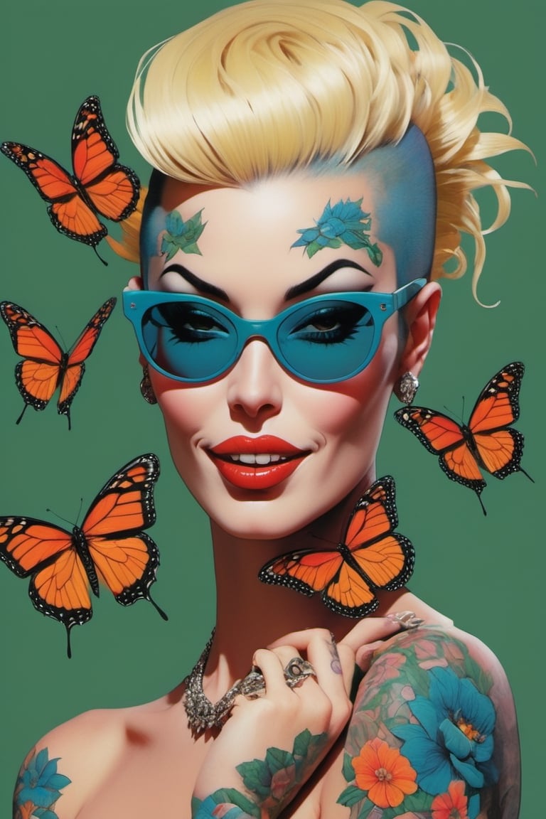 vogue portrait, Horror Comics style, art by brom, smiling people, poking tongue at viewer, lennon sunglasses, punk hairdo, tattoo by ed hardy, shaved hair, neck tattoos by andy warhol, heavily muscled, biceps, glam gore, horror, poster style, flower garden, oversized monarch butterflies, tropical fish, flower garden, 