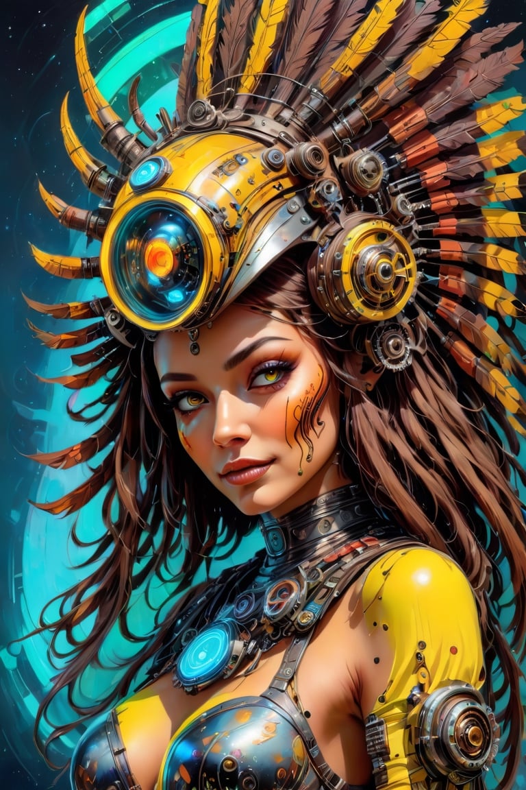 a masterpiece,  stunning beauty,  perfect face,  epic love,  Slave to the machine,  full-body,  hyper-realistic oil painting,  vibrant colors,  Body horror,  wires,   ,  native american war bonnet, a rusty and silver spotted steampunk spacesuit, women looking directly out to viewer, wry smile on her face, neon face with multiple coloured circuits on it, full face visor translucent dirty yellow colour, in the style of futuristic space, glamour,Steam punk steam punk animated gifs, xenomorph lookalike adornments, gun in hand, algorithmic artistry, frank frazetta style, perfect makeup, boris vallejo, pop art consumer culture, plain neon steampunk background, full figure pose,dripping paint,Leonardo Style,blacklight makeup,oni style