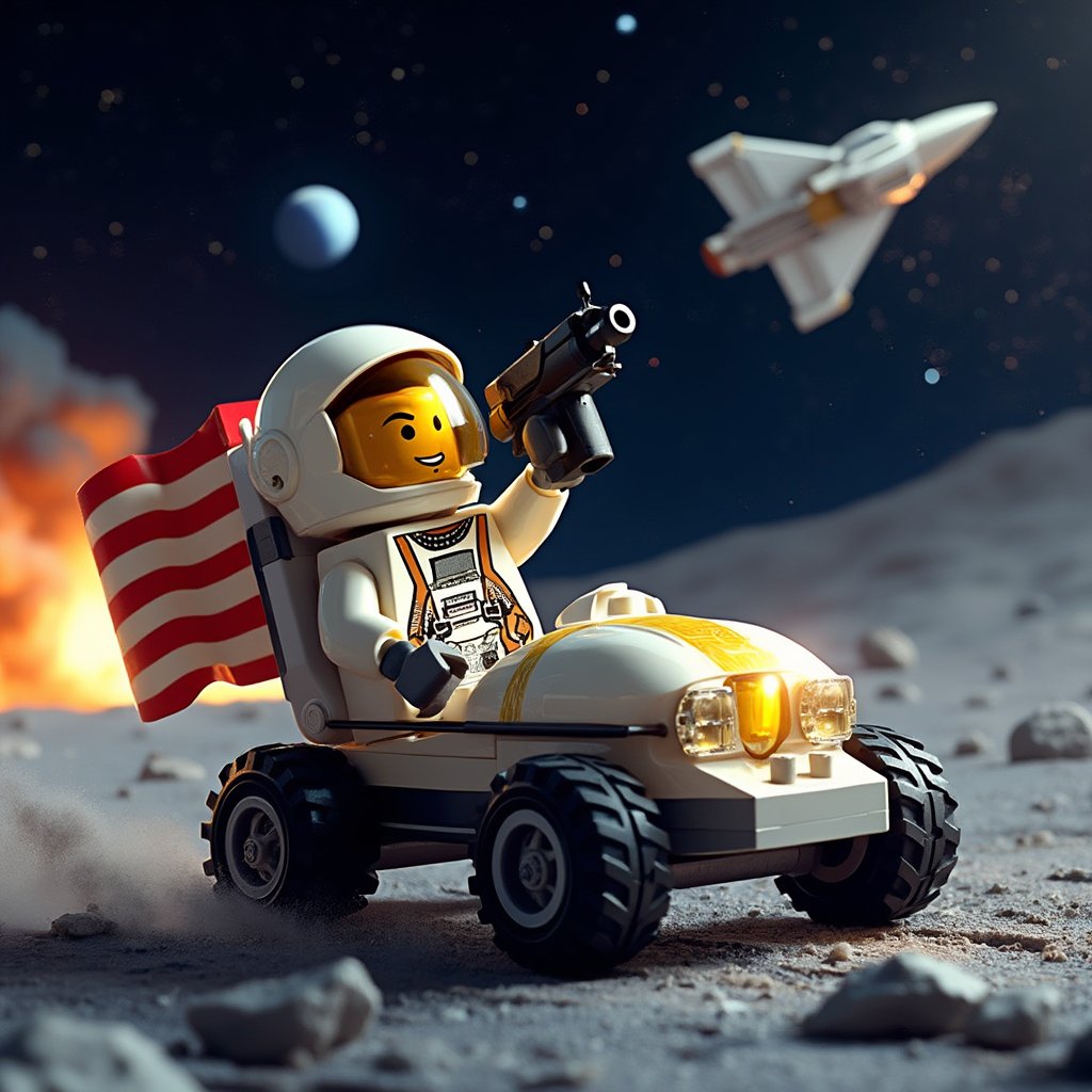 Indulge in a thrilling 3D LEGO block cartoon of  Buzz Aldrin, donning a futuristic full-face helmet with gold reflective visor, sits atop the Lunar Roving Vehicle (LRV) as it zooms across the moon's rugged terrain, its tires kicking up dust and debris. The American flag proudly flapping behind him. With a grin on his face, Buzz raises a gun to the sky, firing a celebratory shot amidst the chaos of massive explosions erupting in the distant background. An otherworldly alien spacecraft soars through the starry night sky, casting an eerie glow over the lunar landscape.