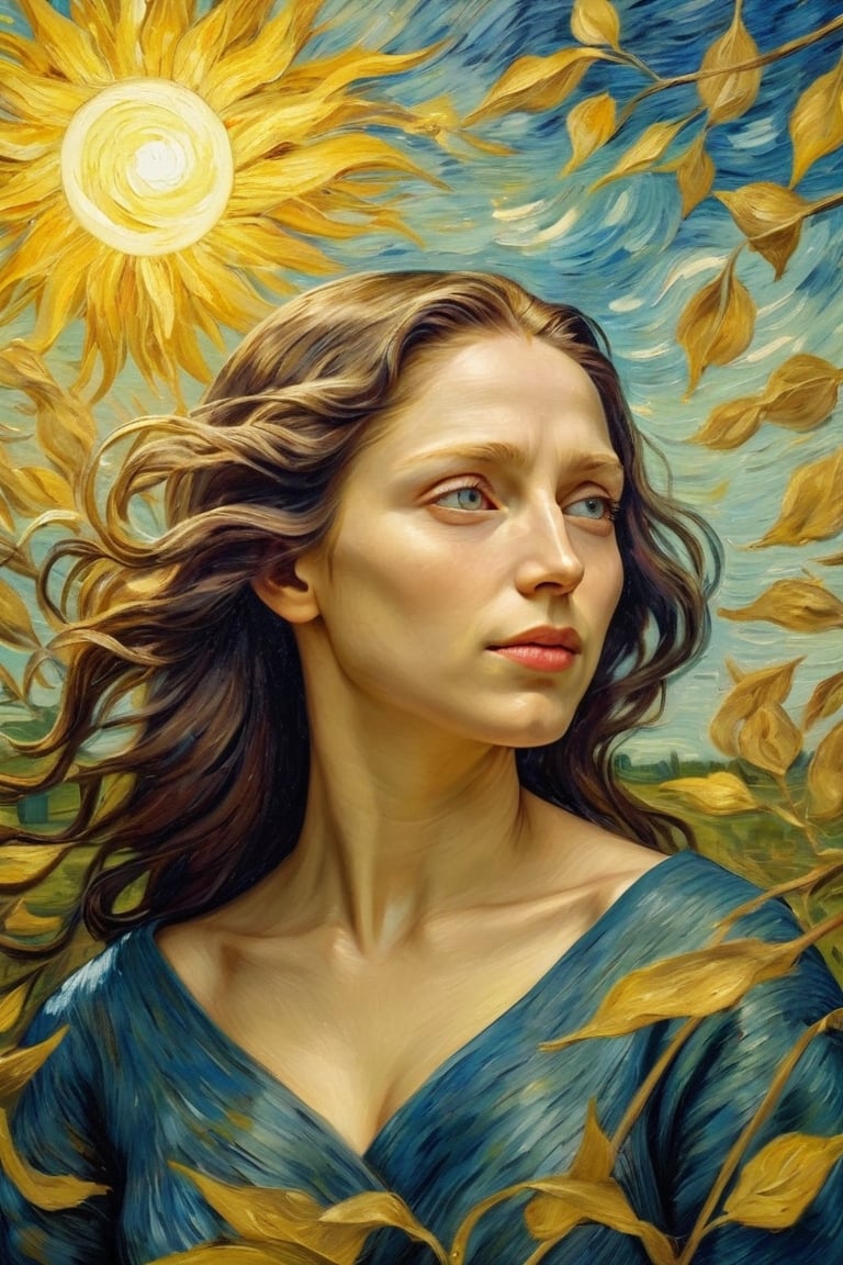 By Van Gogh, Sun, wind, sunny day, oil paint painting, highly detailed, sharpness, dynamic lighting, super detailing, van gogh starry nights background, painterley effect,art by sargent,Leaf,Oil painting of Mona Lisa 