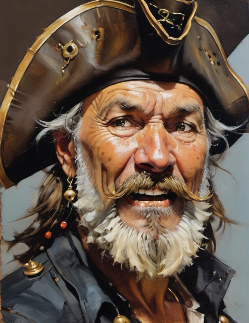 an oil painting portrair, close up of the face, all focus on the eyes, a masterpiece, art by michael carson, a pirate, silverbeard, with two rotten teeth, unkempt beard and moustache, crinkled laughing eyes, wild eyebrow hair, wind swept hair on head, wearing a captains tricorne hat, gold hoop earings, 