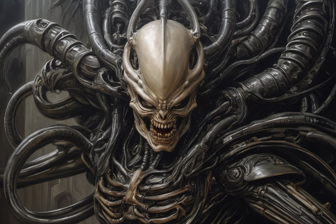 a oil painting portrait, art by hr giger, a masterpiece, hyper-realistic oil painting, a xenomorph, low lighting, intense shadows, dripping blood and sweat, messed up, battling human troopers, a telephoto shot, 1000mm lens, f2, 8,