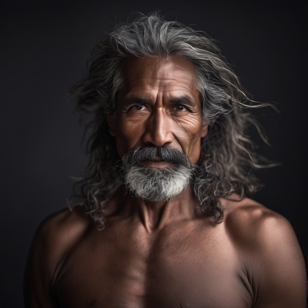 an aboriginal man,  a native from australia, head uncovered,  solo, looking at viewer, 1 man, monochrome, upper body, greyscale, male focus, 2 ft facial hair,2 ft beard, 12 inch mustache, old, old man, no clothing, long bushy unkempt hair, long bushy beard, wild and windswept, all focus on the eyes, short 2 inch depth of field, tamron 1000 mm telephoto lens, f2.8, cinematic angle, looking from above the eyeline down back at the man, angled, extreme close up shot,  eyes only, smiling , few teeth, 