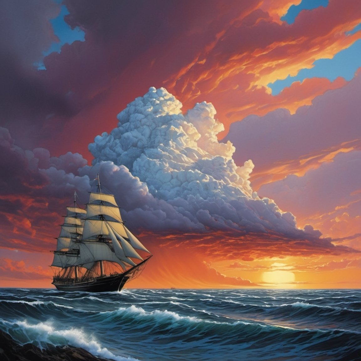 cooks endeavour on the Pacific Ocean (((dramatic cloud formation))), poster style,  