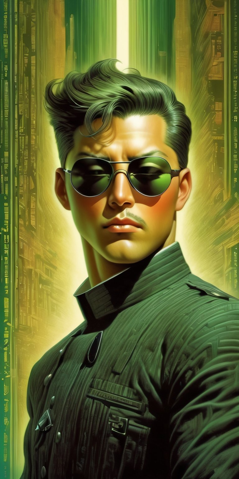 art by Masamune Shirow, art by J.C. Leyendecker, art by boris vallejo, a masterpiece, stunning beauty, hyper-realistic oil painting, vibrant colors, a Kim Jong Un type character, wearing round sunglasses, dark chiarascuro lighting, aiming a Luger pistol at the viewer, fighting bad guys, being chased, a telephoto shot, 1000mm lens, f2,8,vertical lines of green matrix code