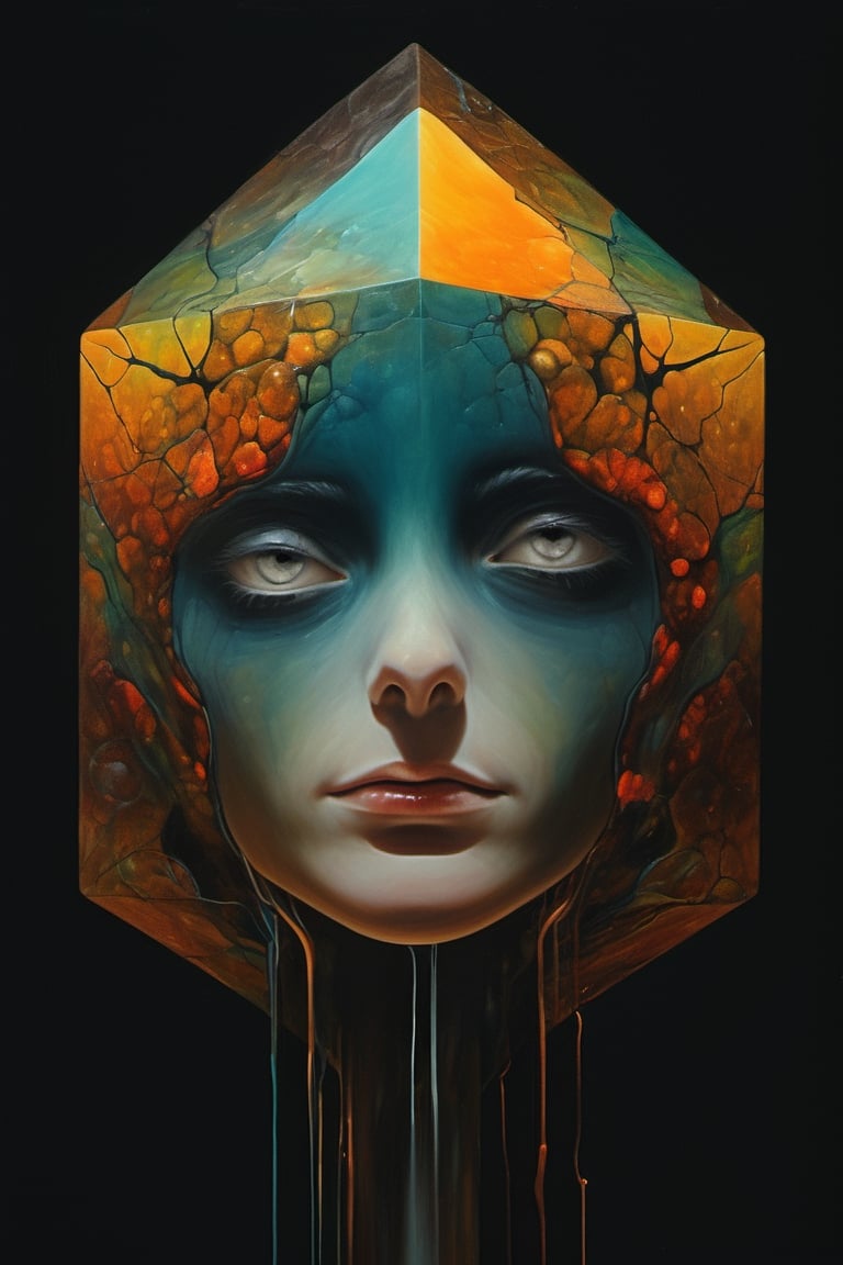 art by bob Carlos Clarke , a cube shaped head, stunning beauty, hyper-realistic oil painting, vibrant colors, dark chiarascuro lighting, a telephoto shot, 1000mm lens, f2,8,Vogue,more detail XL