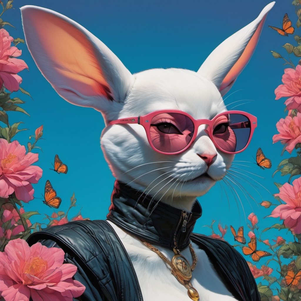 vogue easter bunny portrait, Horror Comics style, art by brom, smiling, lennon sunglasses, rabbit ears, rabbit nose, rabbit fur, punk hairdo, tattoo by ed hardy, shaved hair, playboy bunny outfit, bunny tail, neck tattoos by andy warhol, heavily muscled, biceps, glam gore, horror, poster style, flower garden, Easter eggs, coloured foil, oversized monarch butterflies, tropical fish, flower garden, 