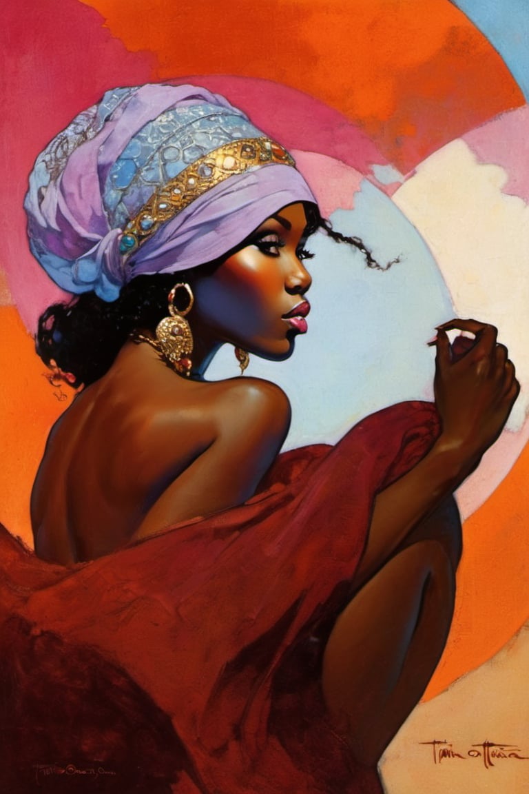 Gay, art nouveau style, an oil painting, a masterpiece, a hot black african american women, she is built for pleasure, ample breasts and bottom, she has it and knows it,  art by TavitaNiko, art by mel odom, art by Klimt , art by brom, art by Warhol, art by frazetta, poster style, Russian art, pink, baby blue, lilac, feminine, 