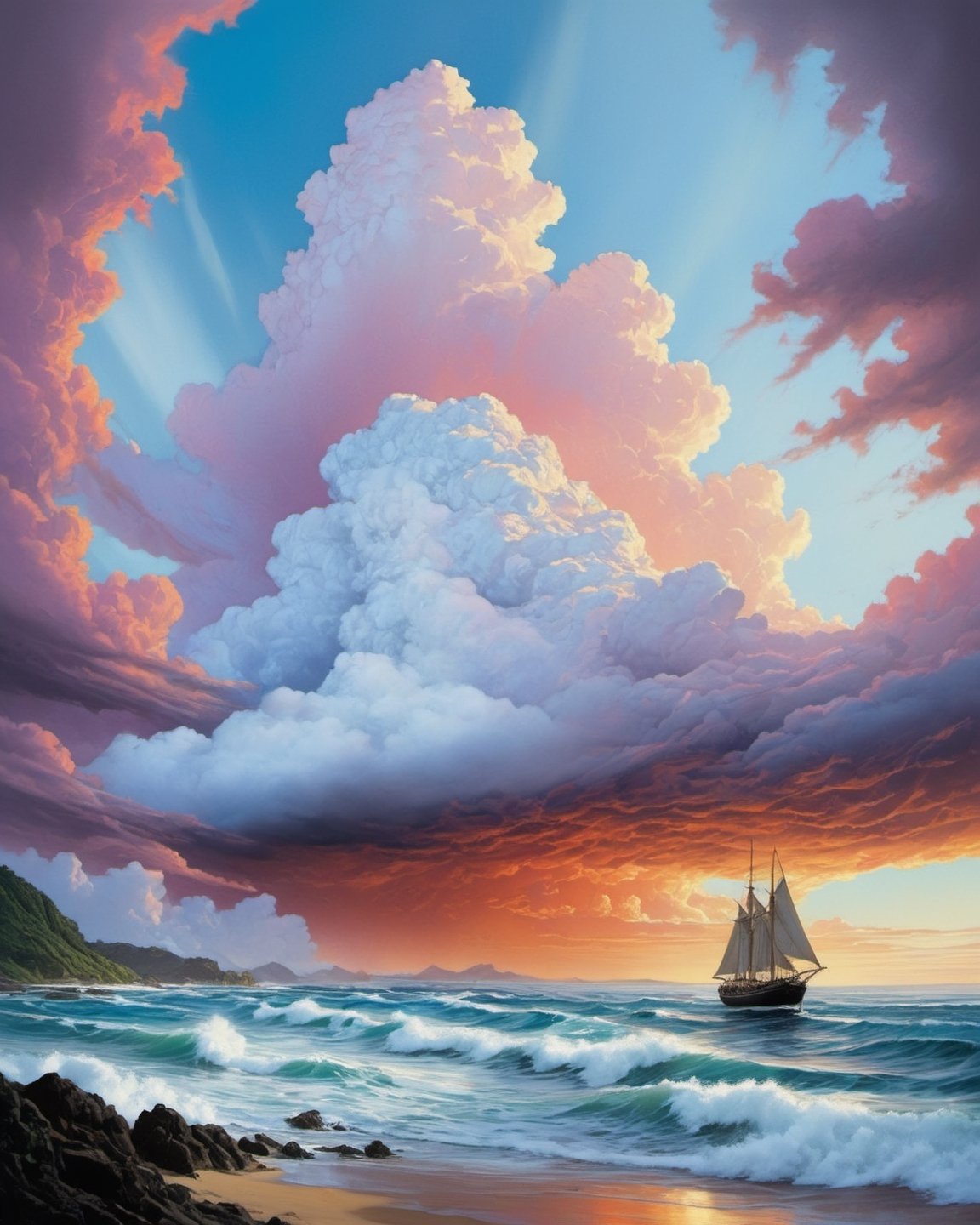 cooks endeavour on the Pacific Ocean (((dramatic cloud formation))), poster style,  