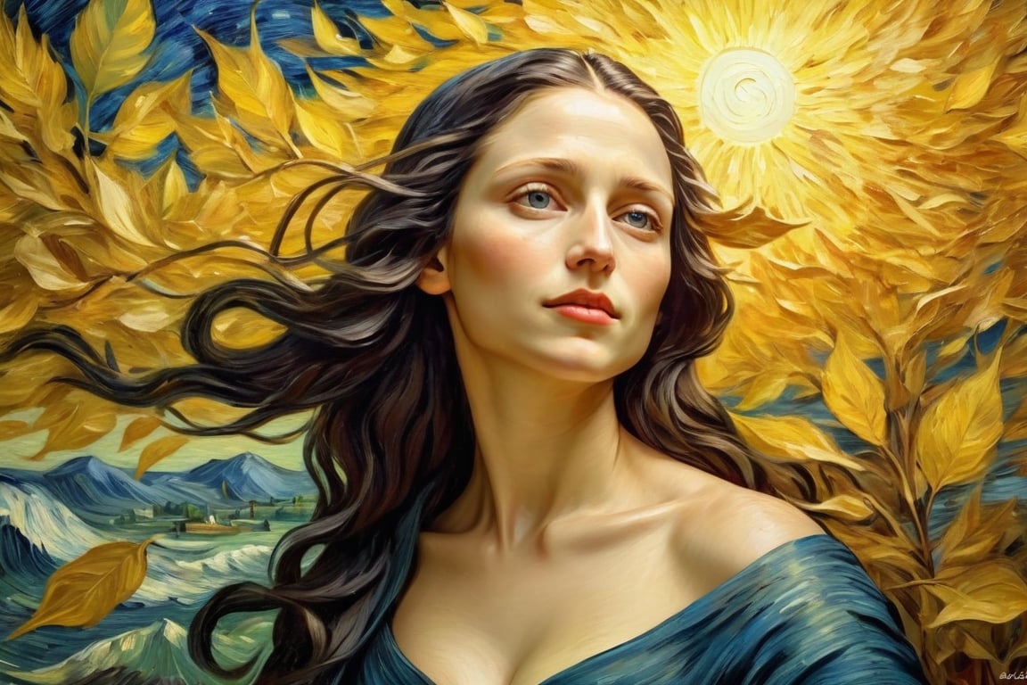 By Van Gogh, Sun, wind, sunny day, oil paint painting, highly detailed, sharpness, dynamic lighting, super detailing, van gogh starry nights background, painterley effect,Oil painting of Mona Lisa ,Leaf,art by sargent