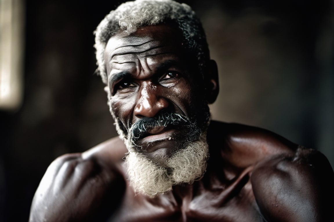 a defeated bare knuckle boxer male, old b;ack african man, head uncovered,  battle scarred, solo, looking at viewer, 1 man, monochrome, upper body, greyscale, male focus, 2 ft facial hair,2 ft beard, 12 inch mustache, old, old man, no clothing, long bushy unkempt hair, long bushy beard, wild and windswept, forlorn, a worn out worried look in his eyes and face, all focus on the eyes, short 2 inch depth of field, tamron 1000 mm telephoto lens, f2.8, cinematic angle, looking from above the eyeline down back at the man, angled, extreme close up shot,  eyes only, teeth bashed out, swollen eye, broken nose, cut eyebrows, no teeth, a towel, a singlet, bloodstained, mouth open and smiling , few teeth, 