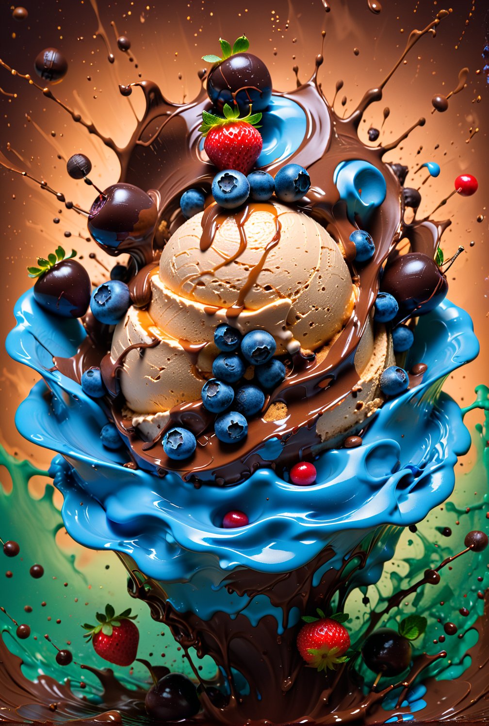 a macroscopic photograph of strawberry ice cream with cherry cream, ice cubes, maraschino cherries, blueberries, lychees , hundreds and thousands, dark chocolate sauce, nuts, mint leaves, splashing dark chocolate sauce, in a gradient honey  coloured background, fluid motion, dynamic movement, cinematic lighting, palette knife, digital artwork by Beksinski,action shot,sweetscape, 3D, oversized fruit, caramel theme, art by Klimt, airbrush art, food photography, food explosion background