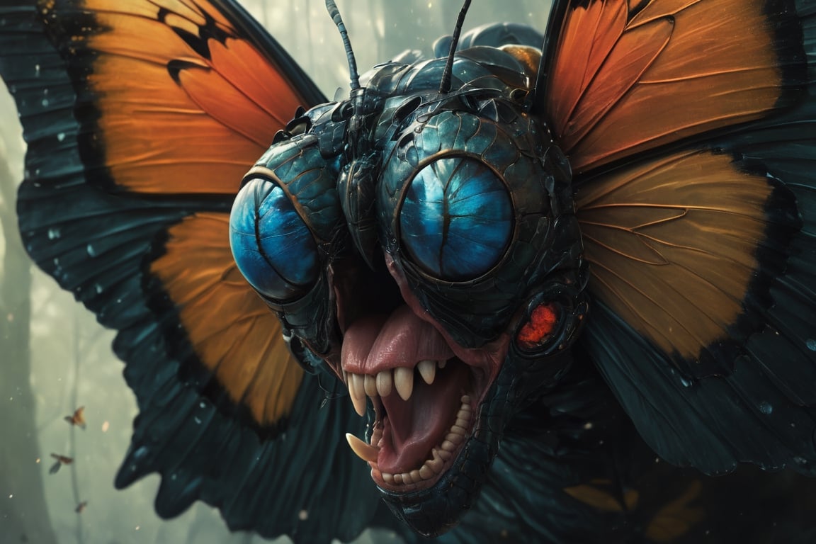 An extreme macroscopic close up of a butterfly's mouth, face and body and wings, digital artwork by Beksinski,potma style,action shot, stworki,Movie Poster