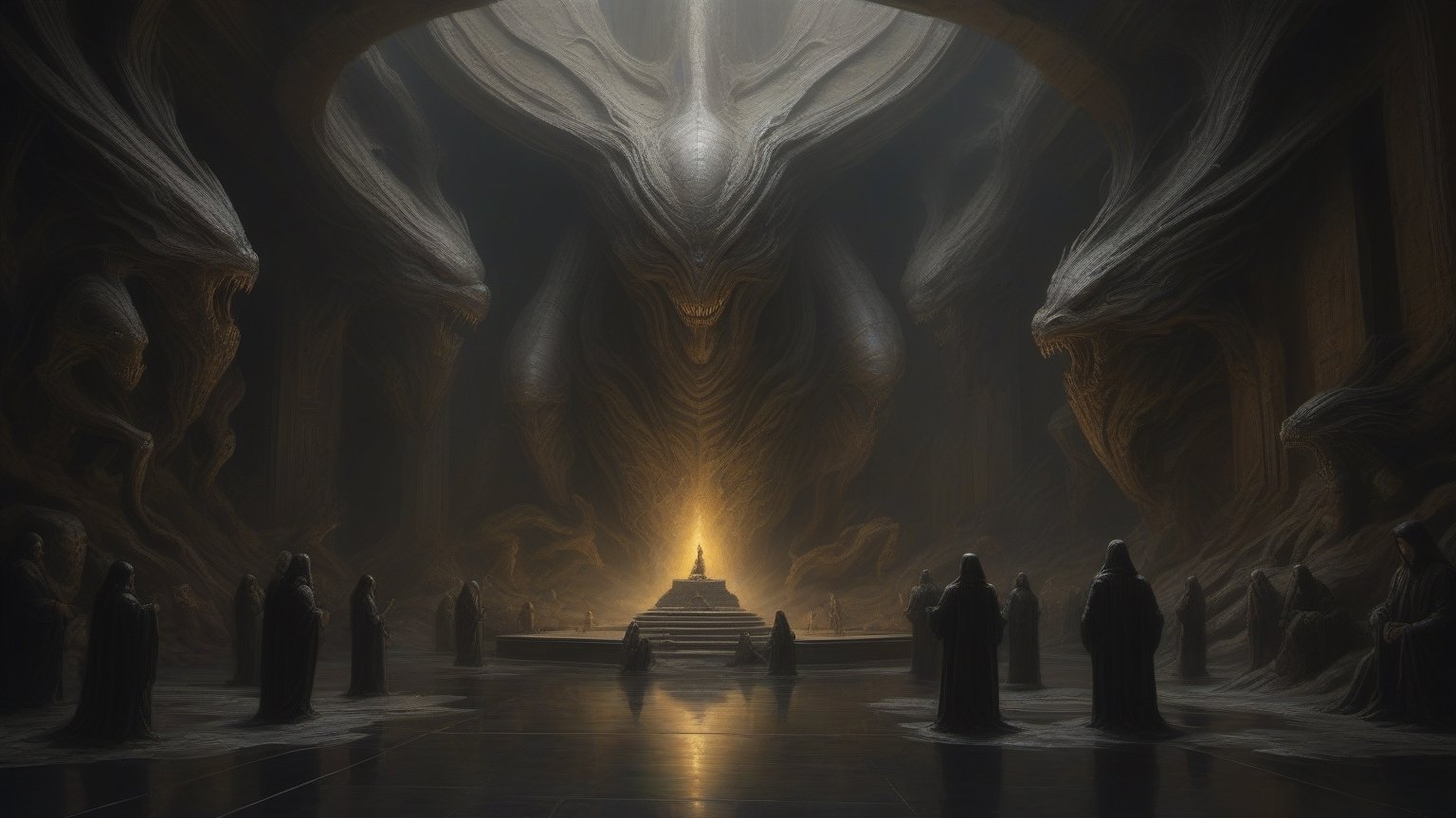 a oil painting wide shot, art by hr giger, a masterpiece, hyper-realistic oil painting of a worship site, , a xenomorph full body statue carved from the rock face, a prayer site, a worship alter, an engineer, rock formations, low lighting, intense shadows, dripping blood and sweat, messed up, battling human troopers, on a spaceship set, dark, blinking lights, dimly lit, wet, water, eerie,, huayu,Oil painting of Mona Lisa ,mythical clouds