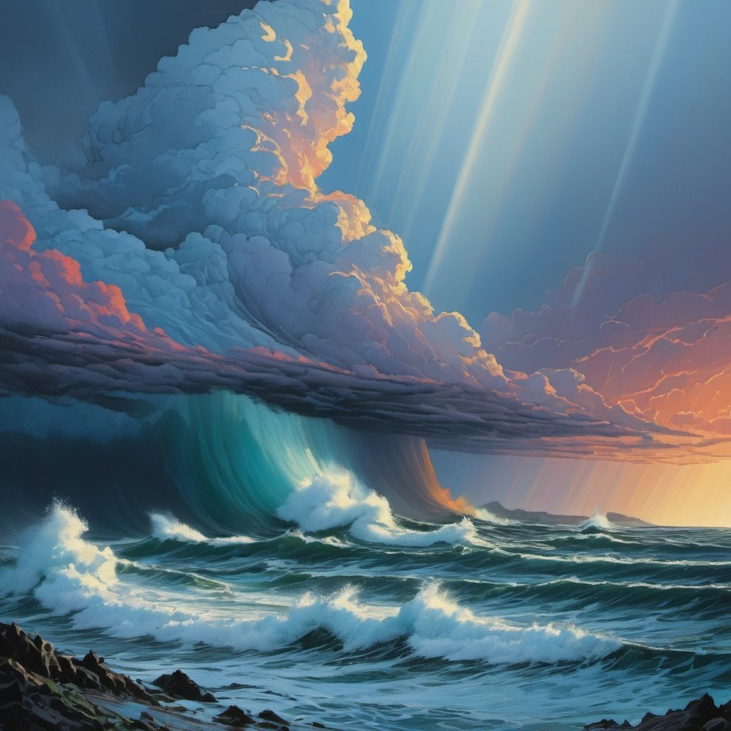  the Pacific Ocean on a stormy day, 5 metre troughs, rain, sun, splashing (((dramatic cloud formation))), poster style,  