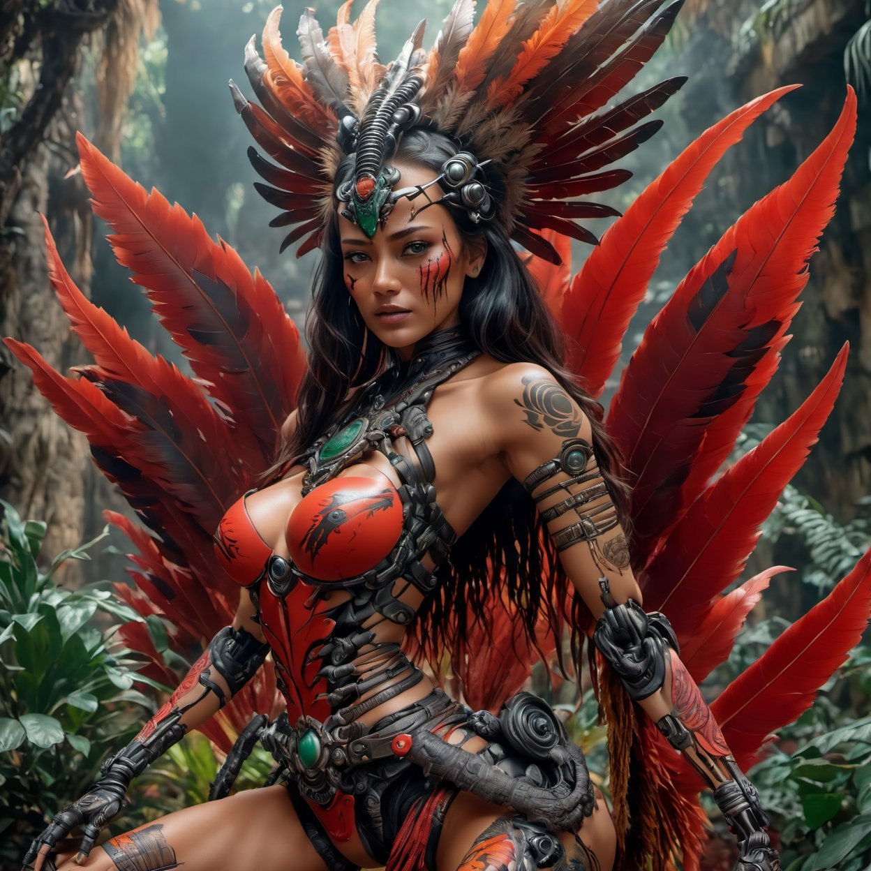 outpainting, a middle aged tribal women predator xenomorph combination, centred,in the style of boris vallejo, frank frazetta, bright contrasting colours, blank stare, ,cinematic,movie still,wide shot, feathered headdress, tribal facial tattoos ,breastclamp, wide shot, a middle aged tribal women, centred,in the style of Steve bisley, bright contrasting colours, blank stare, ,cinematic,movie still,wide shot, multi feathered headdress, facial tattoos ,breastclamp, tiger skin sash between her legs, multiple red blood stains on her upper torso, sunlit, misty, green jungle foliage amongst mayan ruins,Monster,JB64,WEARING HAUTE_COUTURE DESIGNER DRESS