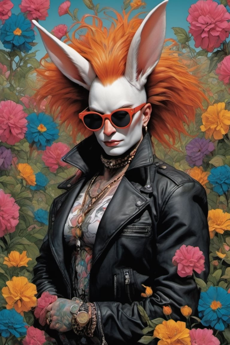 vogue cover, ginger easter bunny, portrait style, Horror Comics style, art by brom, smiling, john lennon sunglasses, rabbit ears, rabbit nose, ginger rabbit fur, punk hairdo, tattoo by ed hardy, shaved hair, playboy bunny outfit, bunny tail, neck tattoos by andy warhol, heavily muscled, biceps, glam gore, horror, poster style, flower garden, Easter eggs, flower garden, paisley patterns, 