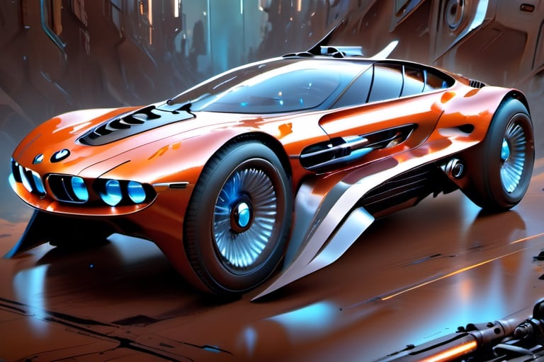 a futuristic concept car, art by glen keane, a futuristic BMW car, 12 inch wide mag wheels, glass roof, leds, aerodynamic,  art by john Berkey, art by chris foss, art by frank frazetta, 