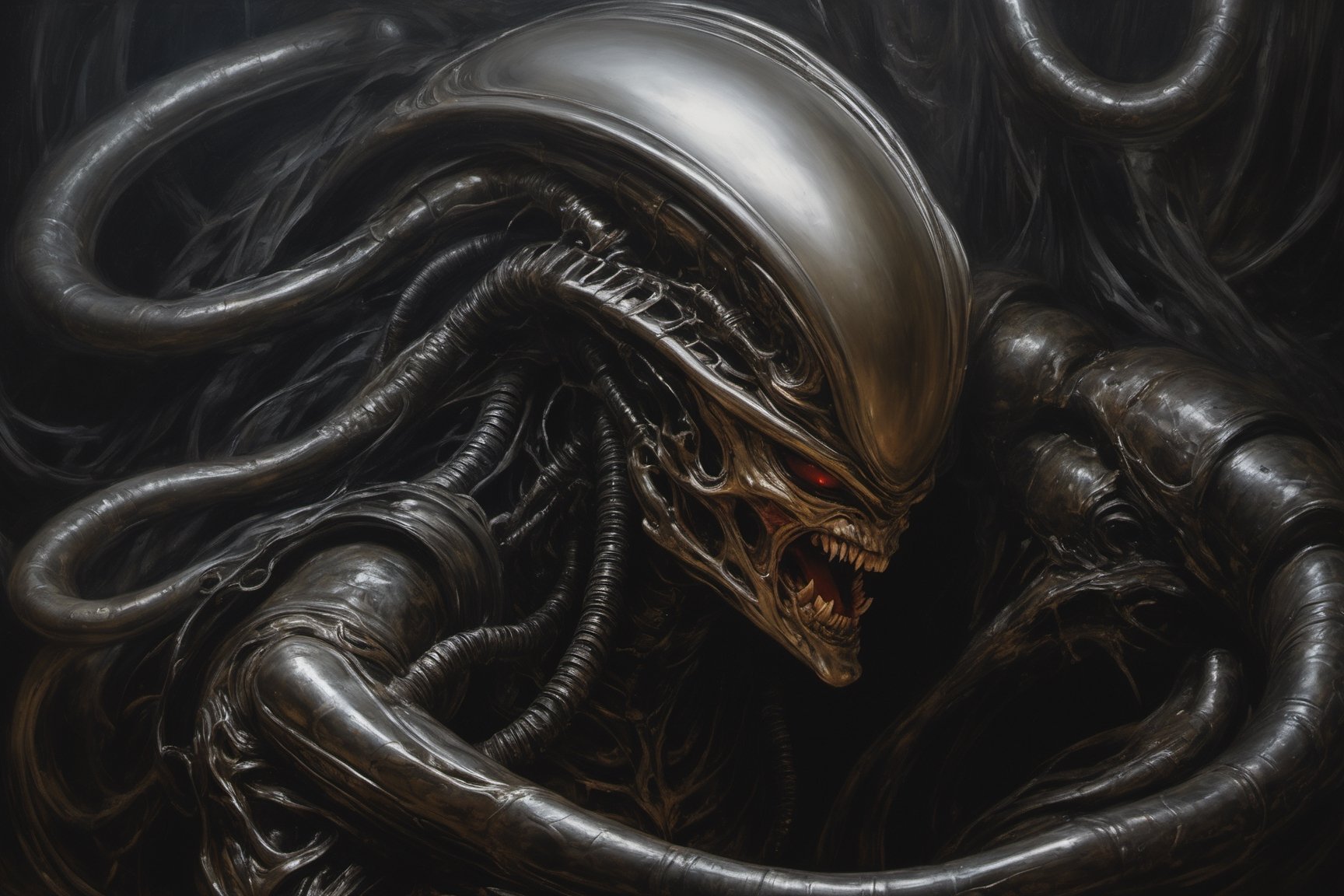 a oil painting portrait, art by hr giger, a masterpiece, hyper-realistic oil painting, a xenomorph, low lighting, intense shadows, dripping blood and sweat, messed up, battling human troopers, a telephoto shot, 1000mm lens, f2, 8,