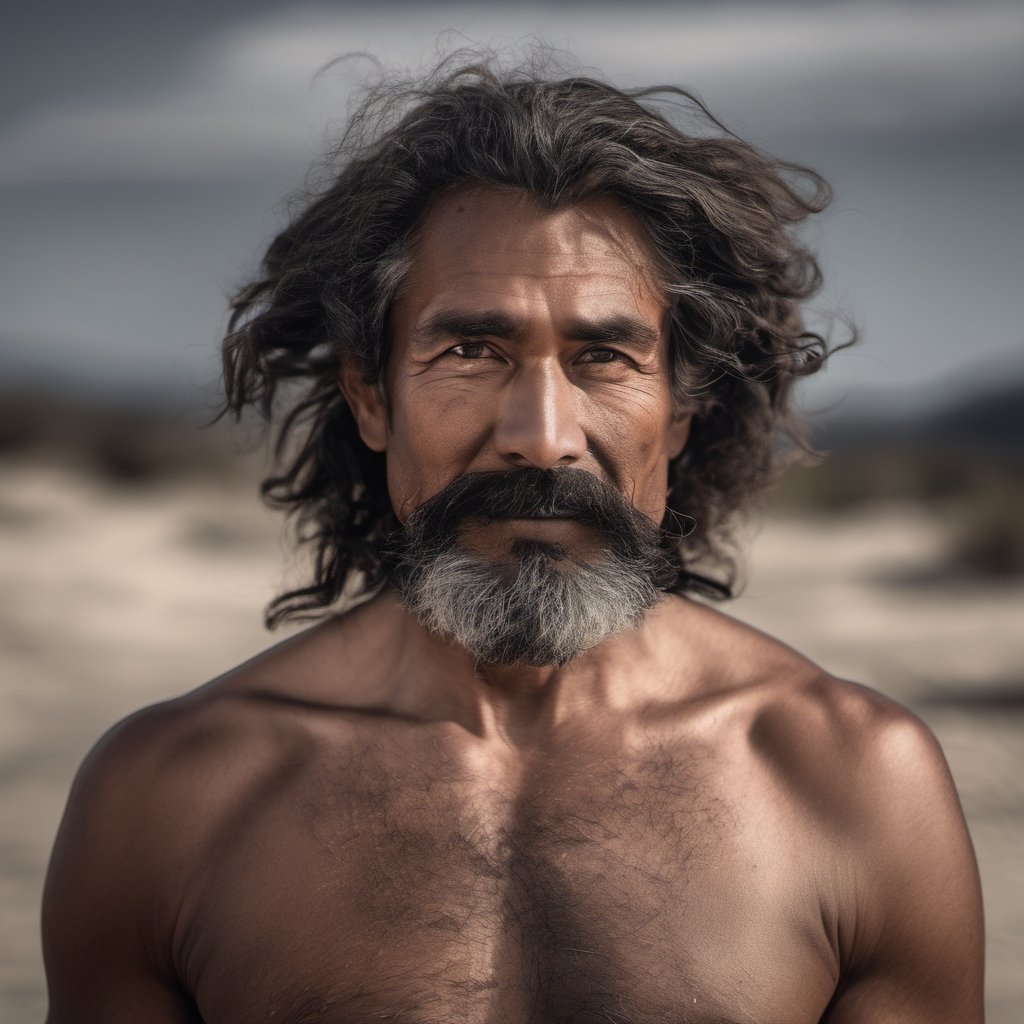 an aboriginal man,  a native from australia, head uncovered,  solo, looking at viewer, 1 man, monochrome, upper body, greyscale, male focus, 2 ft facial hair,2 ft beard, 12 inch mustache, old, old man, no clothing, long bushy unkempt hair, long bushy beard, wild and windswept, all focus on the eyes, short 2 inch depth of field, tamron 1000 mm telephoto lens, f2.8, cinematic angle, looking from above the eyeline down back at the man, angled, extreme close up shot,  eyes only, smiling , few teeth, 