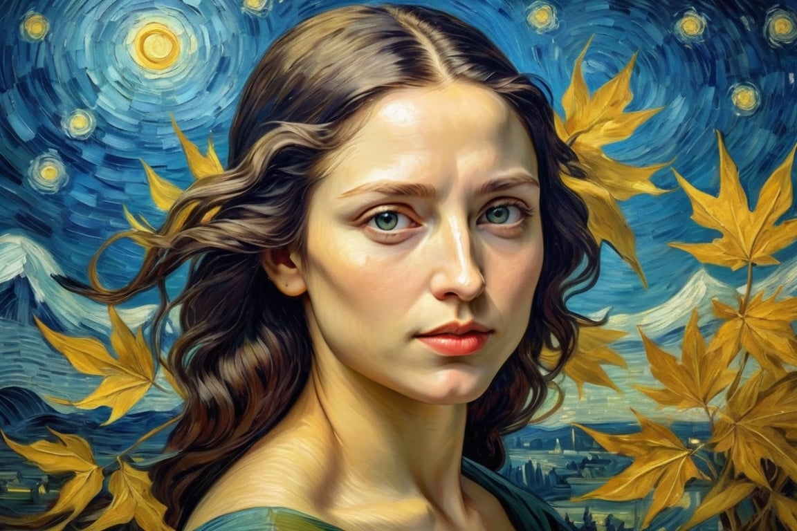 By Van Gogh, Sun, wind, sunny day, oil paint painting, highly detailed, sharpness, dynamic lighting, super detailing, van gogh starry nights background, painterley effect,Oil painting of Mona Lisa ,Leaf,art by sargent