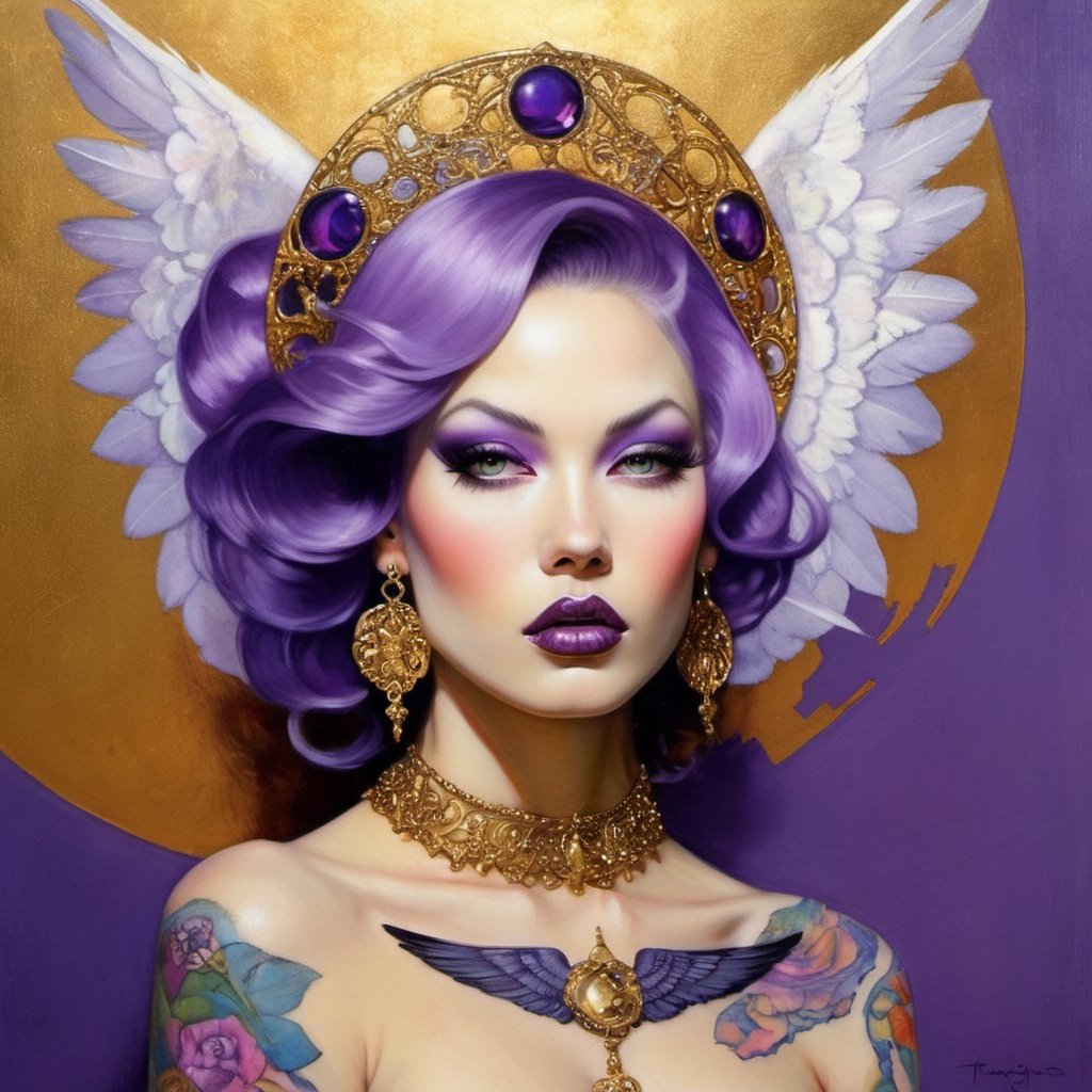  vogue style, a masterpiece, art by TavitaNiko, art by Vallejo, art by Klimt , art by brom, tattoo by ed hardy, shaved hair, neck tattoos by andy warhol, horror, demonic, heaven visions, angelic women, biblical art, angel wings, purple, gold filigree, Star shapes in background, 