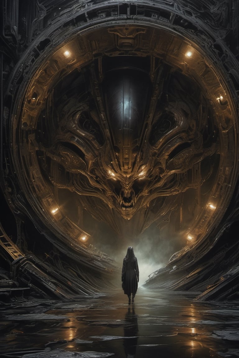 a oil painting wide shot, art by hr giger, a masterpiece, hyper-realistic oil painting, an engineer, low lighting, intense shadows, dripping blood and sweat, messed up, on a spaceship set, dark, blinking lights, dimly lit, wet, water, eerie, 