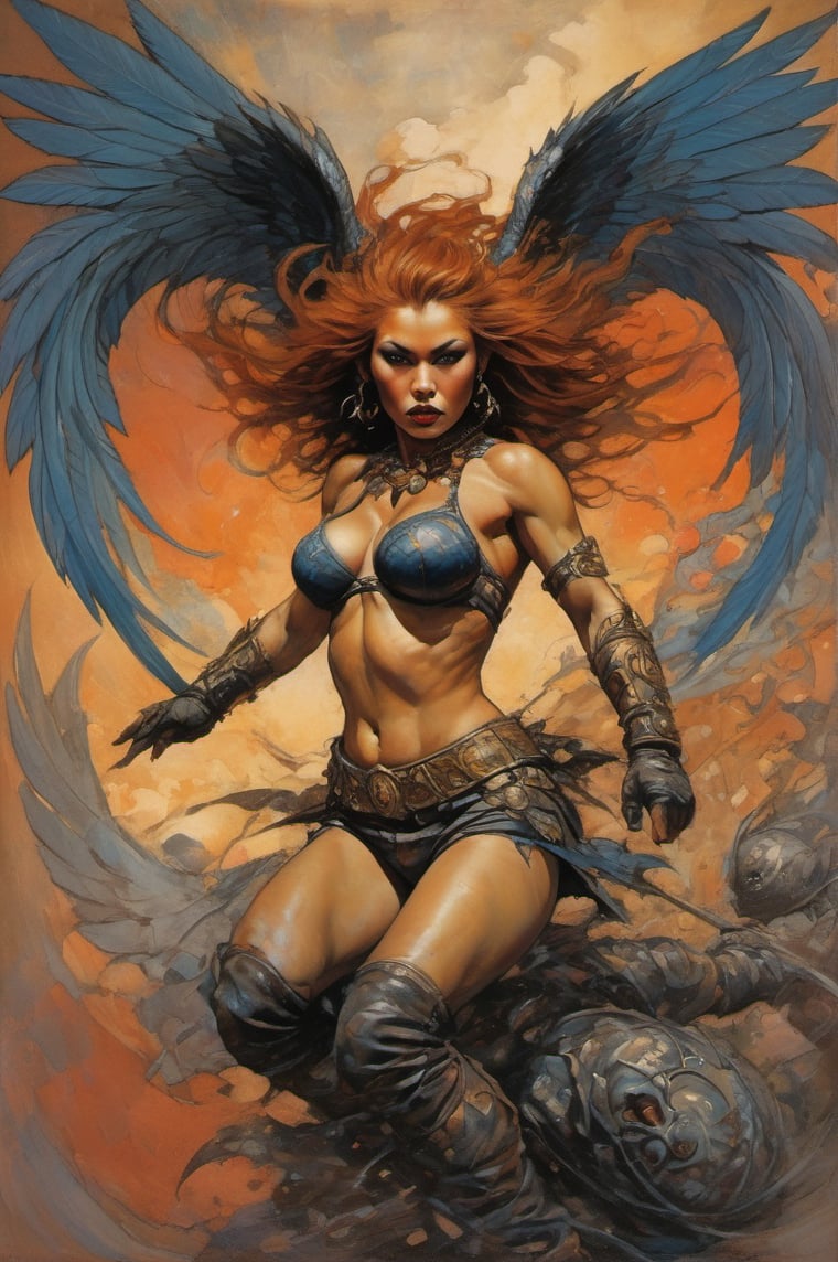 heaven poster, a warrior women, hjair is wind blown, huge swan wings on her back, manga style, an oil painting, a masterpiece, art by TavitaNiko, art by Vallejo, art by Klimt , art by brom, tattoo by ed hardy, shaved hair, neck tattoos andy warhol, heavily muscled, biceps,glam gore, horror, demonic, hell visions, demonic women, military poster style, asian art, chequer board,