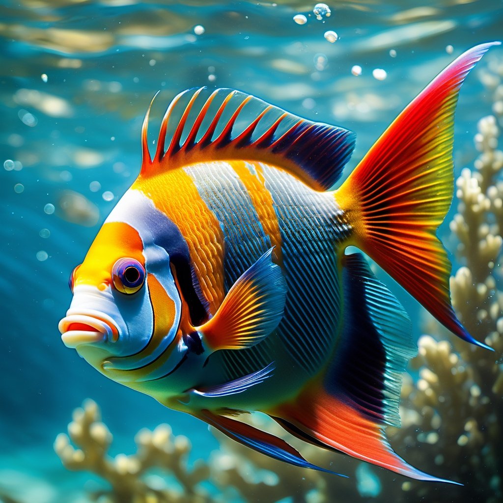 a tropical angel fish, very colourful, red tipped fins, underwater, seaweed, aqua water, Colourful cat ,