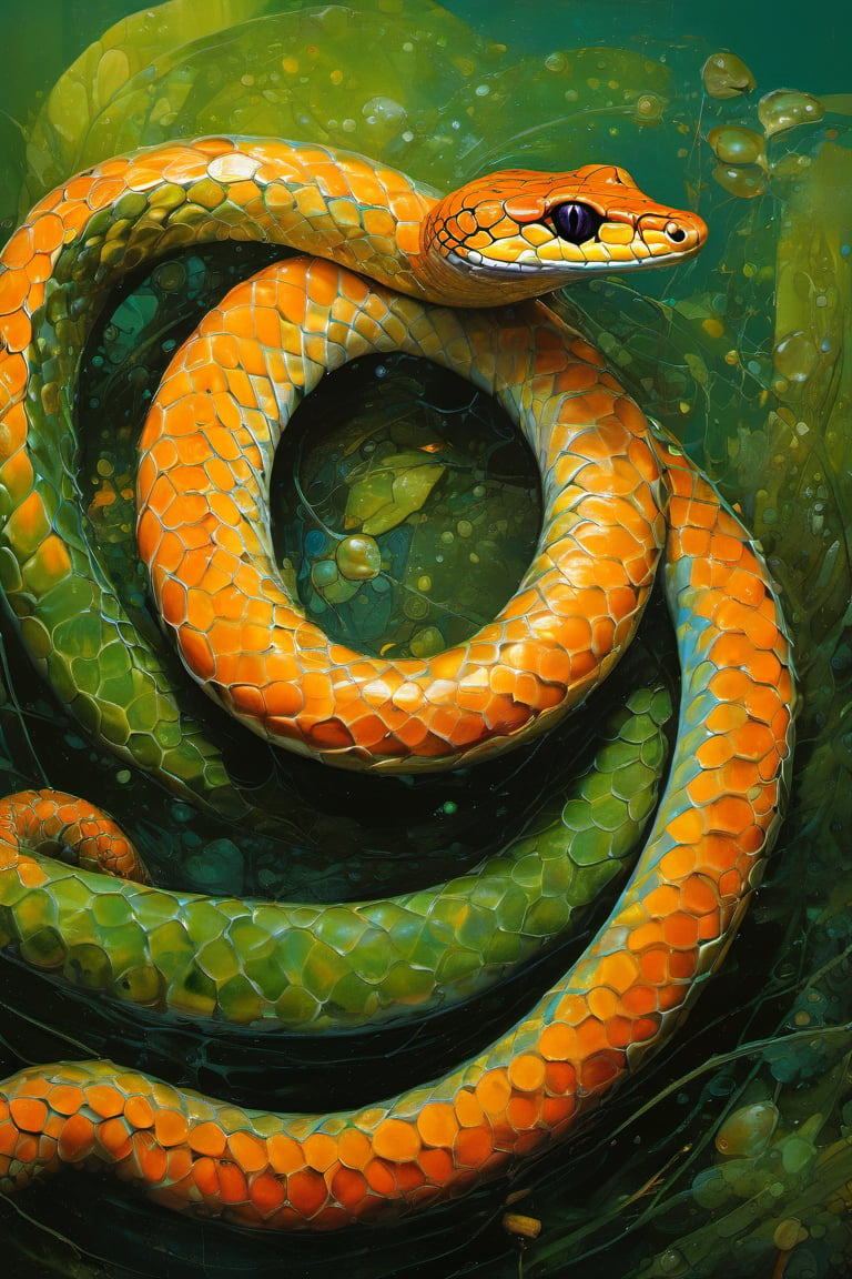  art by simon bisley, art by Brom, art by ralph steadman, art by gustav klimt, a slithering poisonous snake in a tropical jungle, resplendant in colour and intricate detail,  a masterpiece, realistic,  The artwork is a masterpiece, boasting incredible detail and a sense of depth that pulls the viewer in.